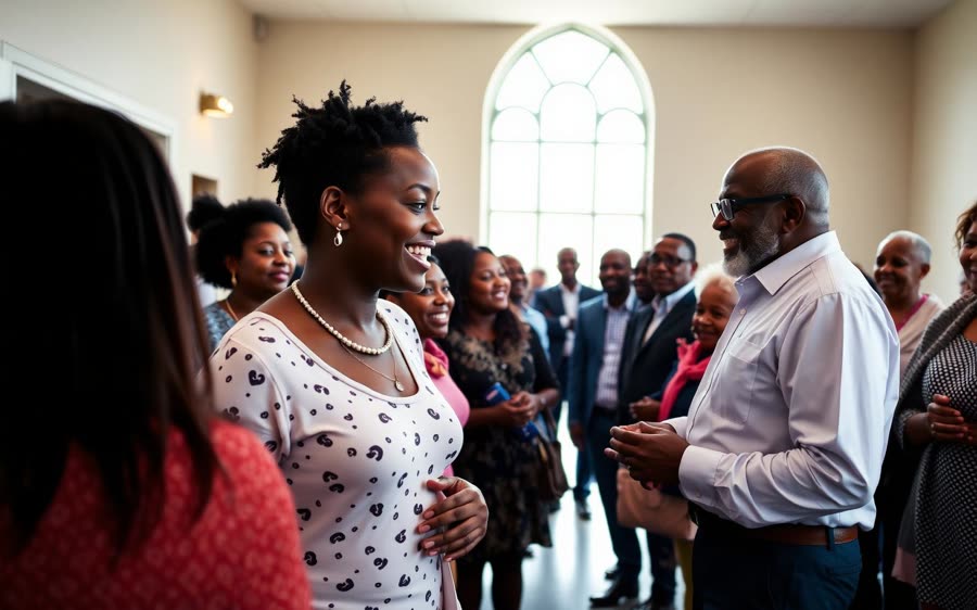 A joyful multicultural church family gathering after worship