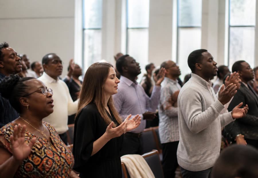 Members of RCCG Victory Centre worshipping together on Sunday